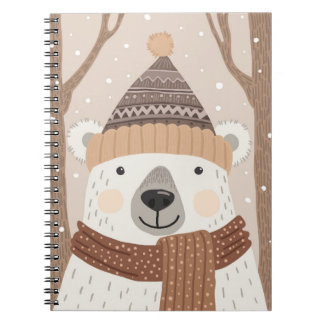 Caderno Espiral Um urso polar com um chapéu tricotado.