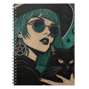 Caderno Espiral Uma bruxa com seu gato preto Xilogravura