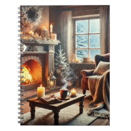 Caderno Espiral Uma cena de inverno confortável perto da lareira q
