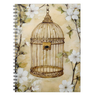 Caderno Espiral Uma gaiola de pássaros decorativa em estilo vintag
