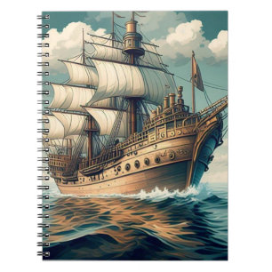 Caderno Espiral Uma Pintura De Um Navio Com As Velas Para Baixo- 5