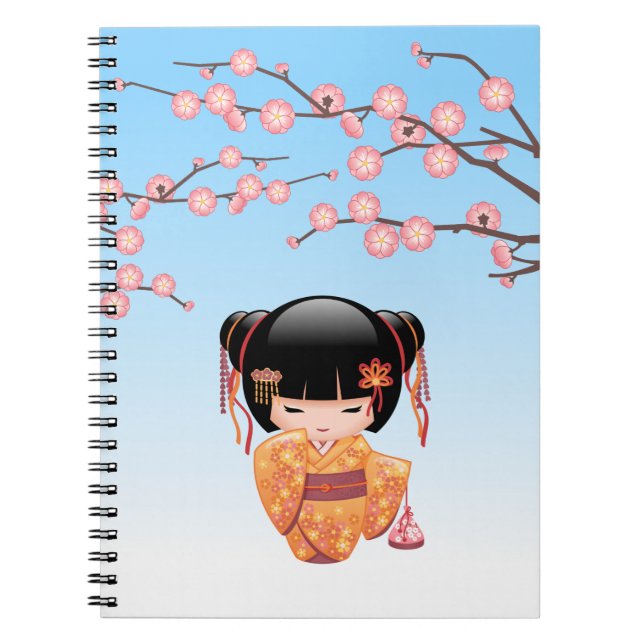 Caderno Espiral Ume Kokeshi Doll - Japonesa Geisha Girl Blue (Frente)