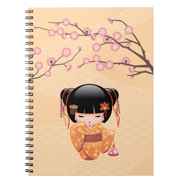 Caderno Espiral Ume Kokeshi Doll - Rapariga Peach Geisha Japonesa (Frente)