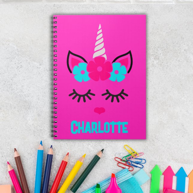 Caderno Espiral Unicorn Face Rosa e Aqua| Nome personalizado (Personalize this adorable notebook with her name and unleash the magic. Place your order today!)
