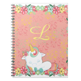 Caderno Espiral Unicórnio Adorável e Flores Monograma