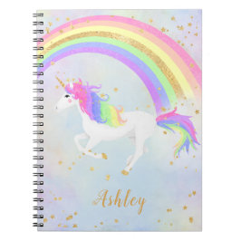 Caderno Espiral Unicórnio | Azul mágico e arco-íris Dourado