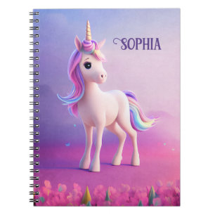 Caderno Espiral Unicórnio Branco Bonito Com Mano Rosa E Azul