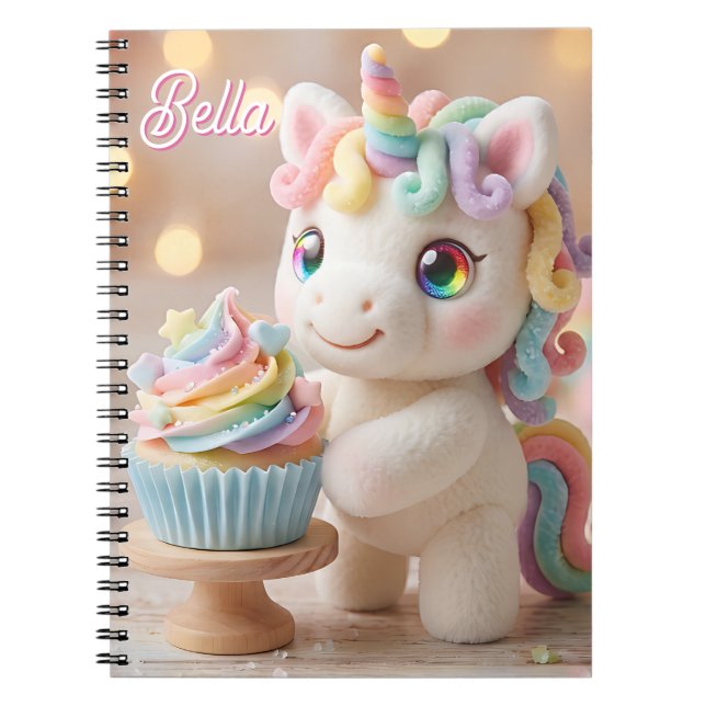Caderno Espiral Unicórnio de Bala Pastel com Cupcake de Arco-íris (Frente)