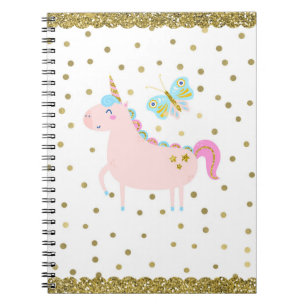 Caderno Espiral Unicórnio de Brilho Rosa e Dourado Confetes Pontos