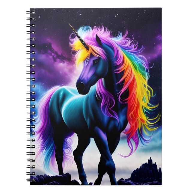 Caderno Espiral Unicórnio Escuro com Rainbow Mane (Frente)