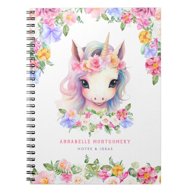 Caderno Espiral Unicórnio Floral Fofo Nome Personalizado Escola In (Frente)