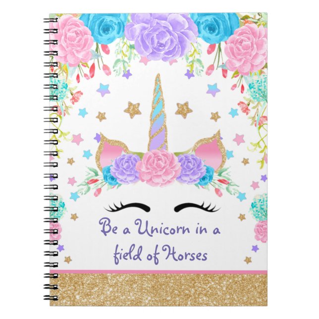 Caderno Espiral Unicórnio floral personalizado da aguarela feita (Frente)