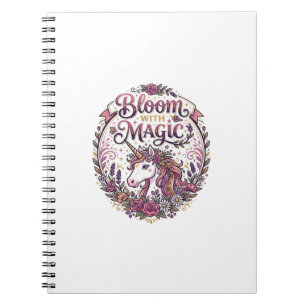 Caderno Espiral Unicórnio Florido com Magia POD Pronto Fundo Branc