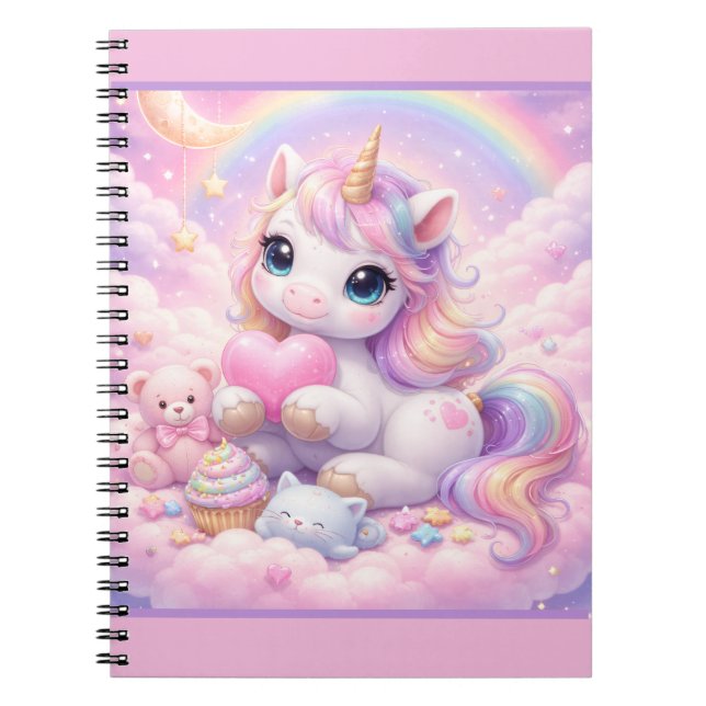 Caderno Espiral Unicórnio Kawaii Caprichoso e Amigos Nuvem Pastel (Frente)