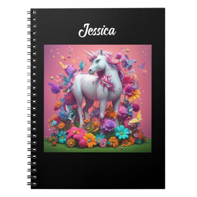 Caderno Espiral Unicórnio Personalizado com flores (Frente)