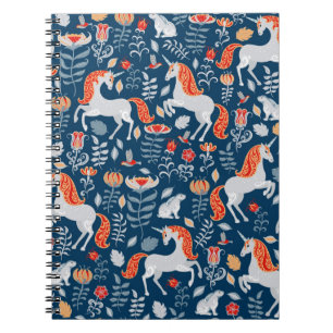 Caderno Espiral Unicórnios, coelhos, pássaros, flores em um fund