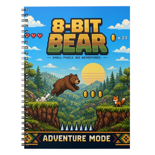 Caderno Espiral Urso, Arte de Pixel Retro de 8 Bits (Frente)