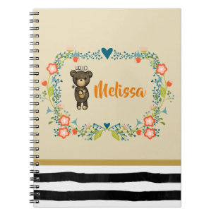 Caderno Espiral Urso-Cinto, Flor Amarelo e Frasto Floral Personali