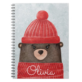 Caderno Espiral Urso de inverno com aquarela. Floresta de Natal