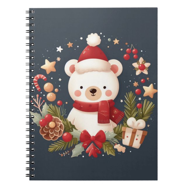 Caderno Espiral Urso de Natal/Inverno em coroa (Frente)