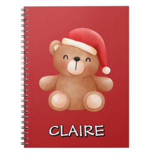 Caderno Espiral Urso de Pelúcia Fofo com Chapéu de Papai Noel Nome