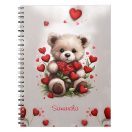 Caderno Espiral Urso de Pelúcia Fofo Rosas e Corações