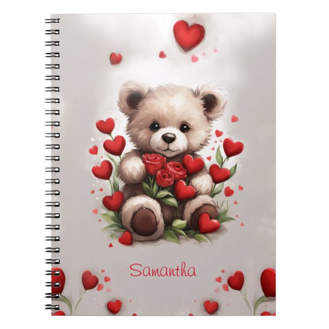 Caderno Espiral Urso de Pelúcia Fofo Rosas e Corações (Frente)