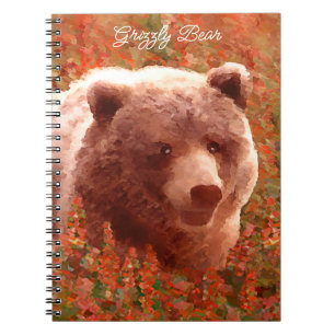 Caderno Espiral Urso Grizzly na Pintura de Arte Selvagem com Algas