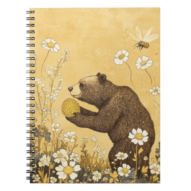 Caderno Espiral Urso Mel em Prado de Flores Silvestres (Frente)