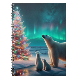 Caderno Espiral Urso Polar Mãe Cubs Árvore De Natal Aurora Boreali