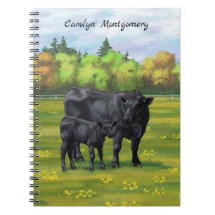 Caderno Espiral Vaca Angus Negra e Vitelo Negra em Pastagem de Ver