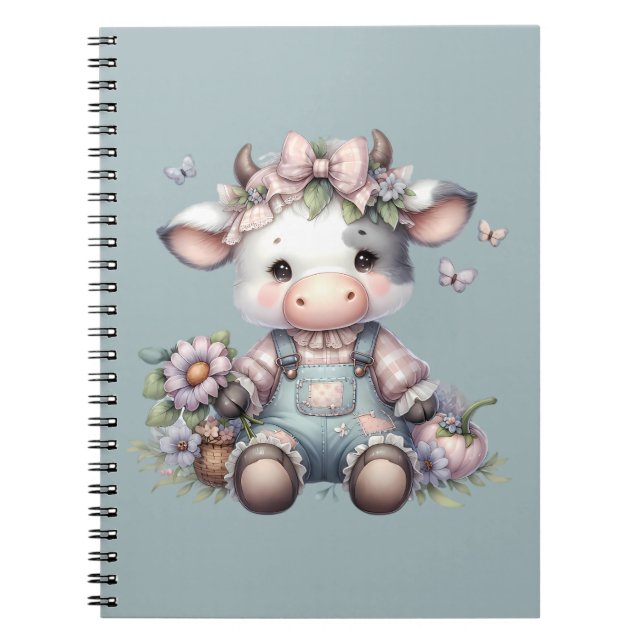 Caderno Espiral Vaca-Bebê de Pastel em Sobremesas com Flores (Frente)