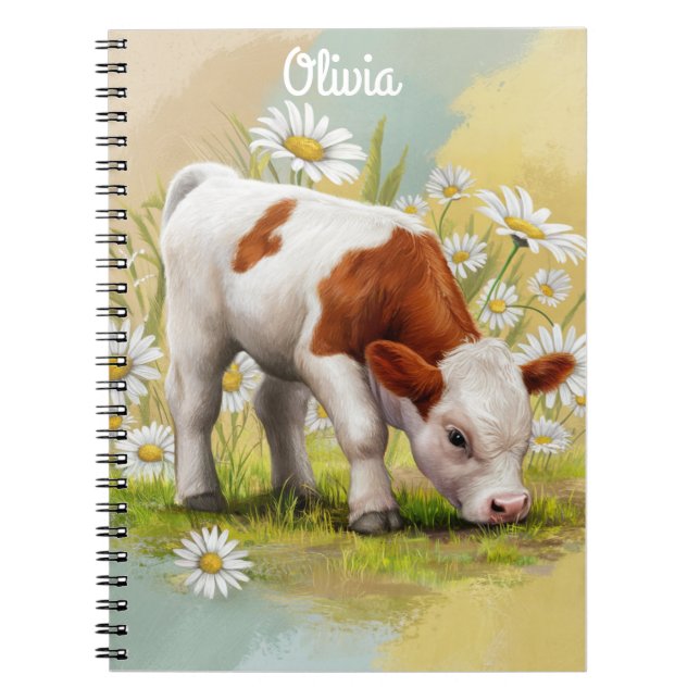 Caderno Espiral Vaca-bebê em um campo da Daisies (Frente)