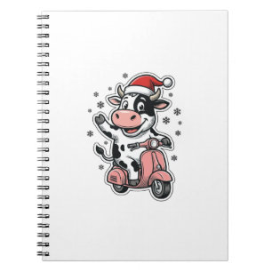 Caderno Espiral Vaca de Natal Andando de Scooter Rosa Vetor Vintag