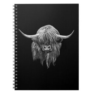 Caderno Espiral Vaca escocesa das montanhas em preto e branco