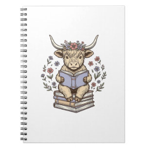Caderno Espiral Vaca Floral de Leitura Fofa Pilha de Livros Design