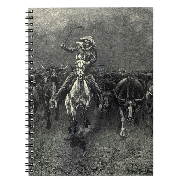 Caderno Espiral Vaqueiros Antigos, Uma Estampida de Frederic Remin (Frente)