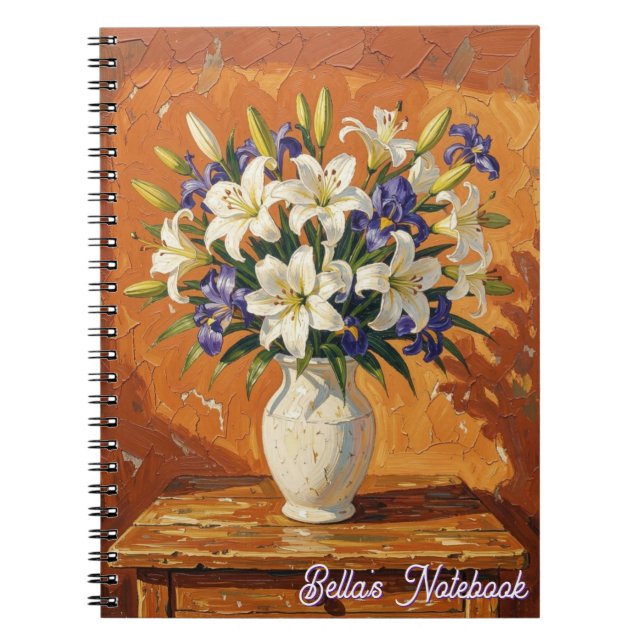 Caderno Espiral Vaso com Lírios e Flores de Íris Personalizado (Frente)