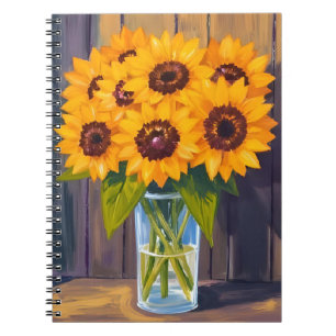 Caderno Espiral Vaso de Girassol   Aquarela de Flor Amarela