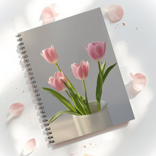 Caderno Espiral Vaso de Tulipa Rosa Pintura Realista
