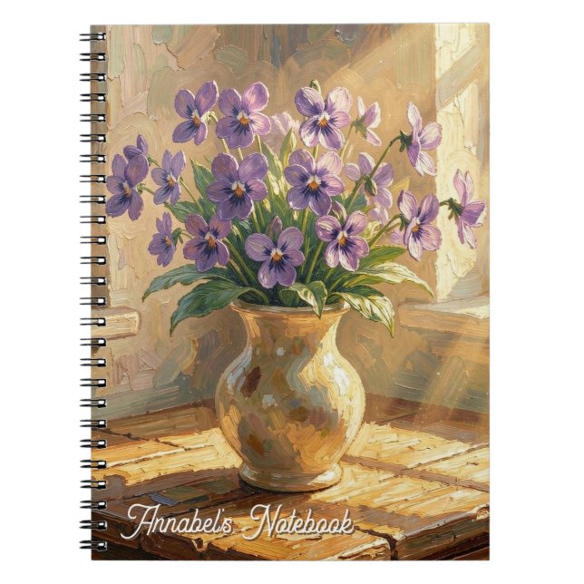 Caderno Espiral Vaso de Violetas Roxas Personalizadas Impasto (Frente)