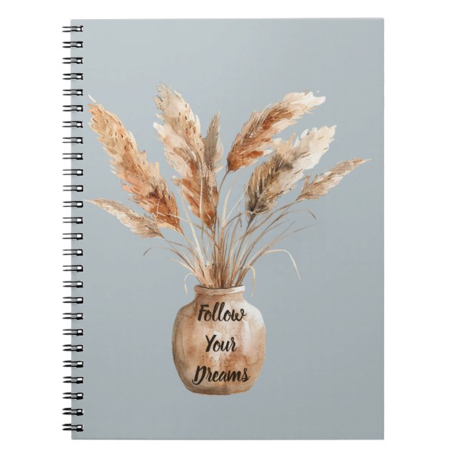 Caderno Espiral Vaso Marrom Creme com Penas (Frente)
