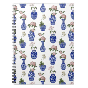 Caderno Espiral Vasos e flores azuis de Chinoiserie