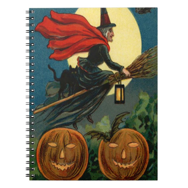 Caderno Espiral Vassoura de Bruxa Abóbora Voadora Gato Preto Morce (Frente)