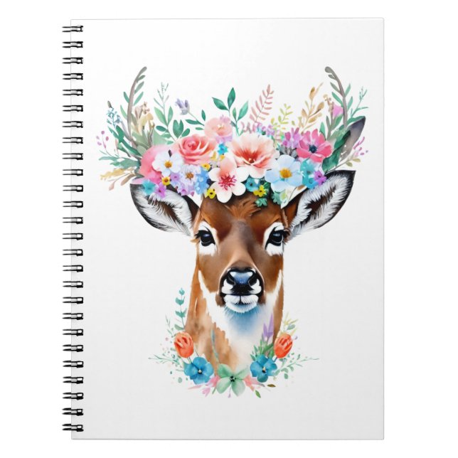 Caderno Espiral Veado com Coroa Floral - Natureza Whimsical (Frente)