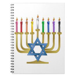 Caderno Espiral Velas de Arco-íris de Hanuka Menorah Dourada