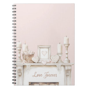Caderno Espiral Velas de lareira Corações Rosa Bege Amor Eterno