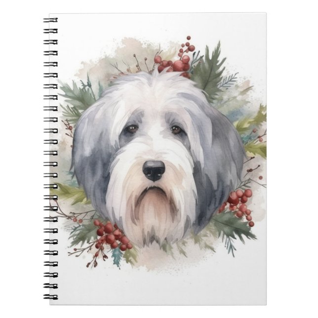 Caderno Espiral Velha Inglês Sheepdog Christmas Wreath Festivo Pup (Frente)