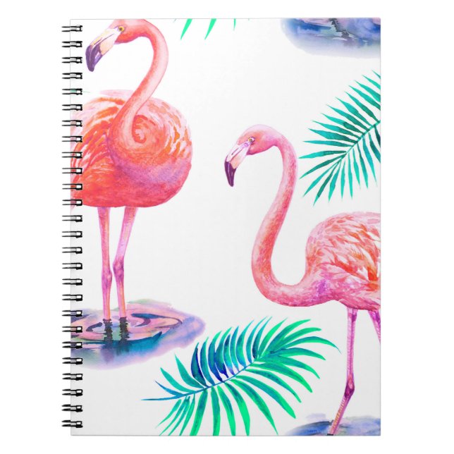 Caderno Espiral Verão tropical com folhas de palma de flamingos e  (Frente)