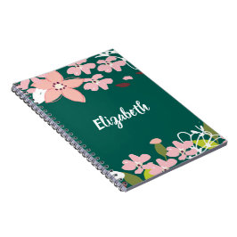 Caderno Espiral Verde com Flores Rosa Personalizadas